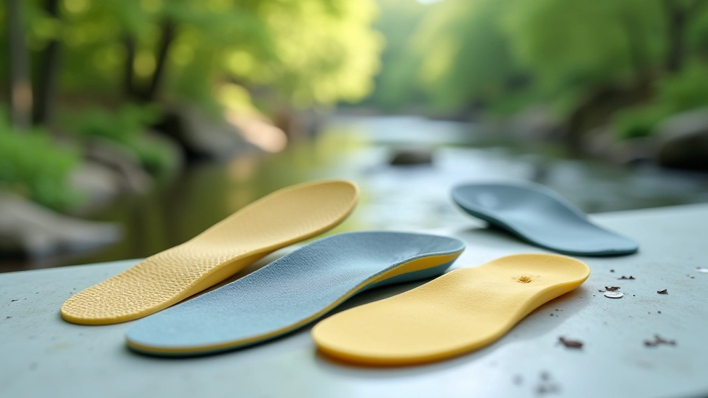 Custom orthotic insoles and various cushioning options laid out showing different arch support levels