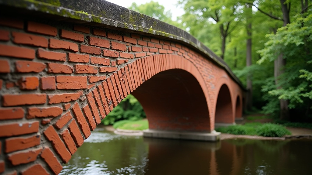 Historic red brick bridge over river