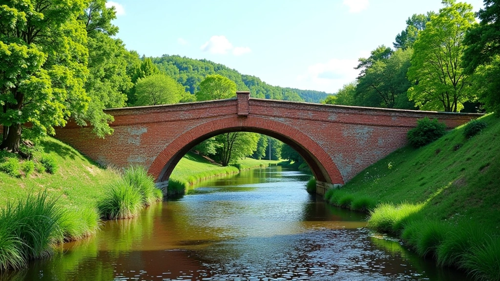 Historic red brick bridge spanning across the Venta River valley with lush green surroundings and clear water below