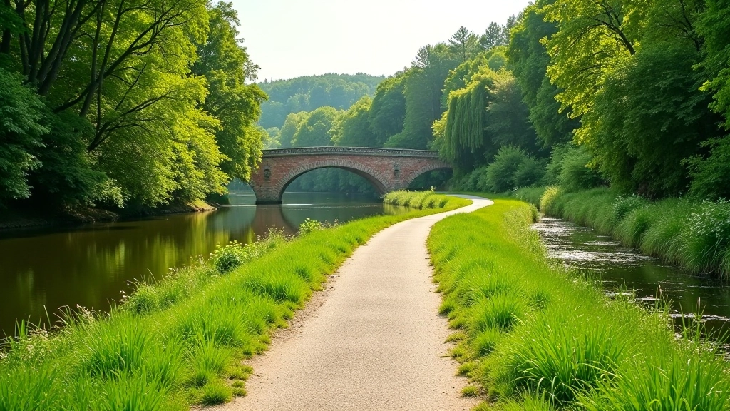 Peaceful riverside path along the Venta River with natural vegetation, clear water visible below, and historic bridge visible in the distance