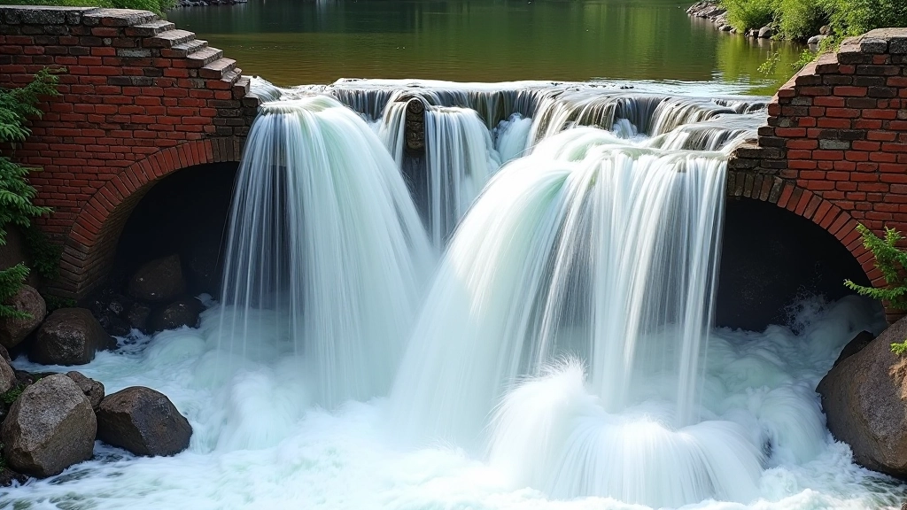 Close-up of water rushing over red brick structure of historic dam with white foam and spray