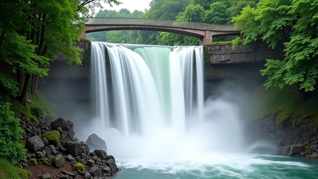 Wide-angle view of full Venta waterfall with mist and spray, viewing platform visible, green trees surrounding