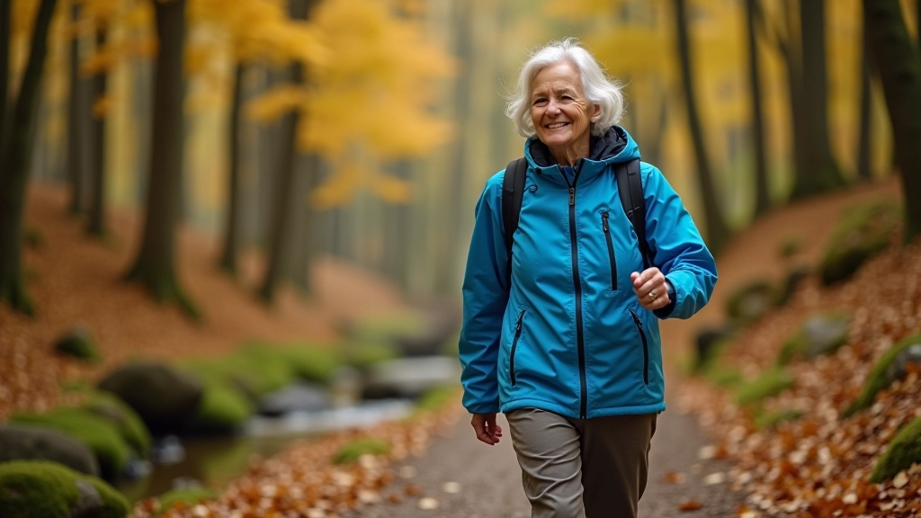 Senior woman preparing for a river valley walk with proper hiking attire and gear