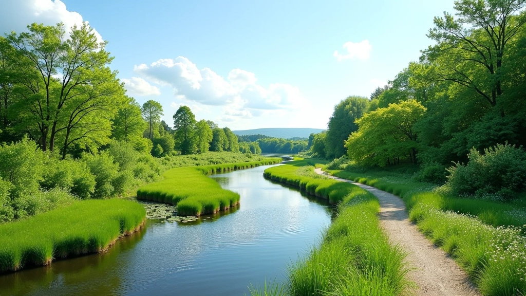 Peaceful river valley landscape with walking trail winding through lush green vegetation