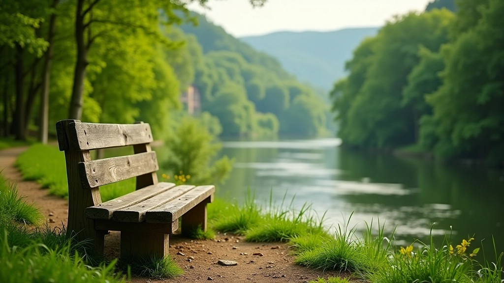 Comfortable seating area or rest bench on trail with river valley landscape and distant views